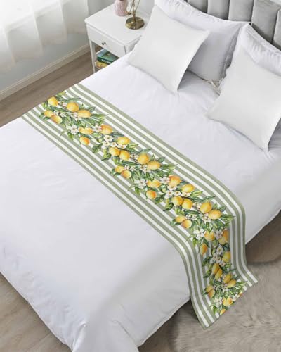 DecorLovee Sage Green Stripes Bed Runners for Twin Size Bed, Decorative Bed Throws for Foot of Bed, Summer Spring Botanical Lemon Leaves Bed Runner Sofa Throw Bedding Scarf Protector for Bedroom