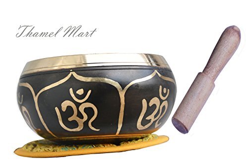 4" Exquisite Tibetan Singing Bowl Set for Meditation ~ OM Lucky Symbols, Buddha Eye & Dorje Painted ~ Silk Cushion & Wooden Mallet Included ~Handmade in Nepal by Thamelmart