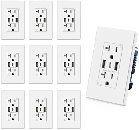 ELEGRP USB Wall Outlets, 3-Ports USB C Wall Outlets Receptacles, Matte White 20 Amp Outlets with USB Ports, TR Tamper-Resistant USB Outlets, Screwless Wall Plate Included, UL & CUL Listed, 10 Pack