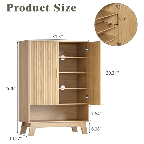 Image of Shoe Cabinet Storage for Entryway with Doors, 5 Tier Fluted Shoe Organizer with Adjustable Shelves, Entryway Shoe Storage with Wooden Legs, Freestanding Hidden Shoe Rack for Front Door Entrance, Oak