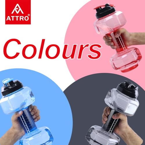 Image of Attro Dumbbell Water Bottle 2 Liter Plastic Bottle with Grip Handle Stylish Bottle for Gym Lover BPA Free, Food Grade, Leakproof- Grey