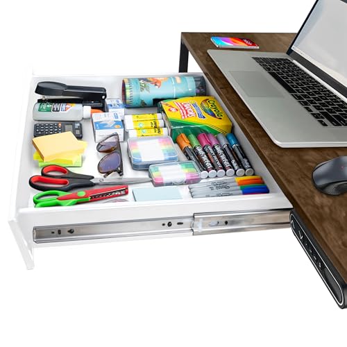 Image of Large 23.6 Inch White Under Desk Drawer Slide Out, Great For The Office, Home And Workspace. Pencil & Undermount Pull Out Under Counter Workbench Attachable Drawer, Made Of Carbon Steel