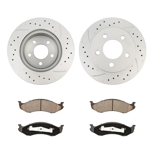 Image of KAX Front Brake Kit Fits Wrangler, Cherokee, Grand Cherokee, Comanche | for Jeep, Wagoneer, Drilled and Slotted Brake Rotors, Ceramic Brake Pads