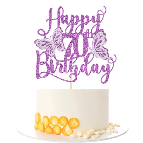 Kaoenla 3D Butterfly Happy70Birthday Cake Topper, Glitter seventy/70th Birthday/anniversary, Butterfly Theme Party Cake Decor(70th, Purple)