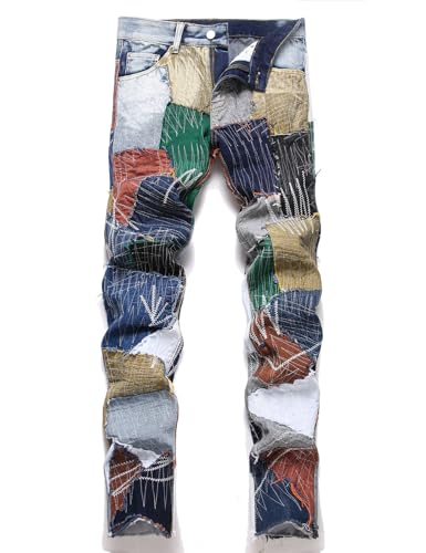 Men Patchwork Release Hem Slim Straight Denim Jeans