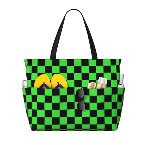 Green Black Checkered Chessboard Flag Large Capacity Travel Bag Lightweight Shopping Handbag Beach Tote Bags Work Bag