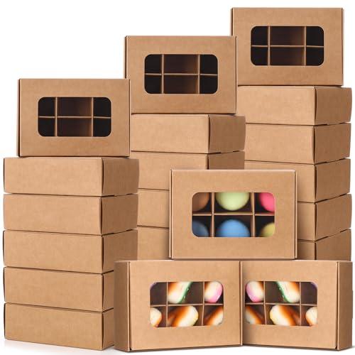 Chivertion 50 Pcs Kraft Treat Boxes With Window And Dividers, Empty Candy Truffle Baking Boxes, Square Cupcake Cookies Containers For Wedding Gift Giving (5 X 3.54 X 1.57 Inches,Brown)
