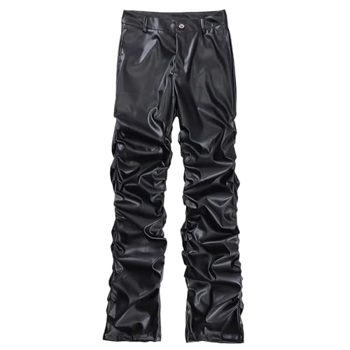 Men's Hip Hop Pleated Pu Leather Pants Harajuku Retro Streetwear Loose Fit Ruched Casual Straight Leg Trousers