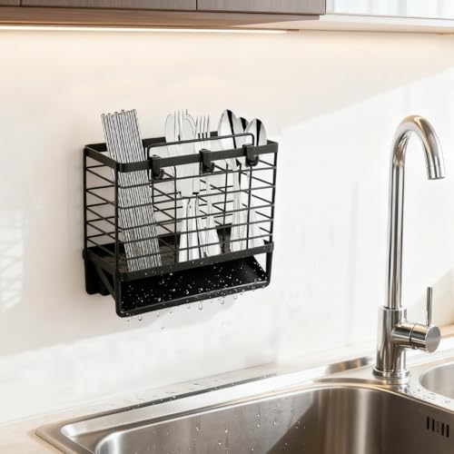 3-Compartment Dish Drying Rack for Kitchen, Carbon Steel Utensil Holder with Drain Tray, Utensil Caddy Organizer for Knives, Forks, Spoons, Chopsticks, Wall Mount or Countertop(COLOR:Black)