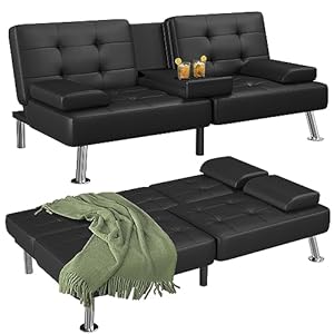 Flamaker Futon Sofa Bed Modern Folding Futon Set Convertible Recliner Lounge for Living Room with 2 Cup Holders, Removable Armrests (PU Leather, Black)