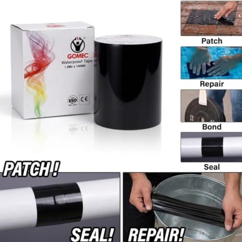Image of Super Strong Waterproof Tape for Leakage Repair - 100mm (4 Inch) Wide x 1.5 Meter - Black Instant Seal Adhesive Tape for Roof, Pipe, Kitchen, Sink, watertank and Bathroom Water Solutions (Black)