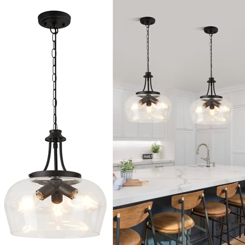 Image of Modern Pendant Lights Kitchen Island, 3-Light Black Pendant Light Fixtures with 14.2 inch Clear Glass Shade, Industrial Hanging Pendant Lights Fixture for Kitchen Island Dining Room Entryway Foyer