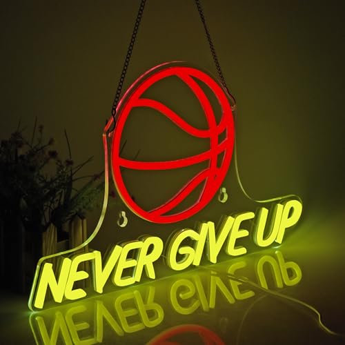Image of Never Give Up Basketball Neon Sign - 17 inchx10 inch Wall Decor for Boys Bedroom Classroom, Dimmable LED Neon Light Sign for Gym Man Cave Decor, Motivational Gift for Teen Boys, Men & Basketball Lovers - USB Powered (Red & Yellow)