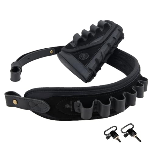 OXPANG Leather Rifle Buttstock Cheek Rest Riser with Ammo Holder Shoulder Sling .308 .45-70 .30-30 .22LR 12GA (Black(12 Gauge))