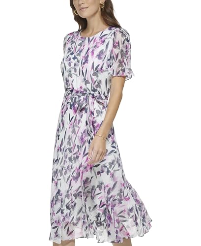 Image of DKNY Women's Flutter Sleeve Round Neck Waist Tie Midi Dress