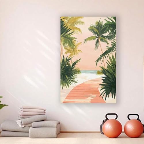 Affiche de plage avec palmiers rose et vert grand format avec cadre - 4