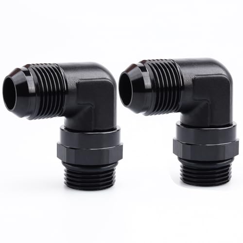 Image of AC PERFORMANCE Aluminum 90 Degree -12 AN Male Flare to -12 AN ORB O Ring Port Swivel Fitting Adapter, Black Pack of 2