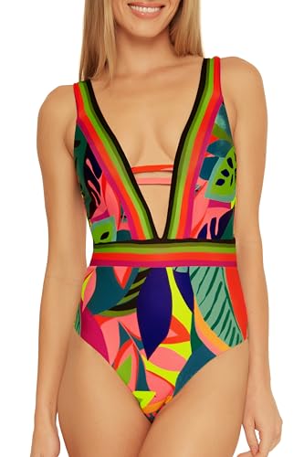 Trina Turk Women's Rainforest High Leg One Piece Swimsuit, Plunge V-Neck, Tropical Print, Bathing Suits
