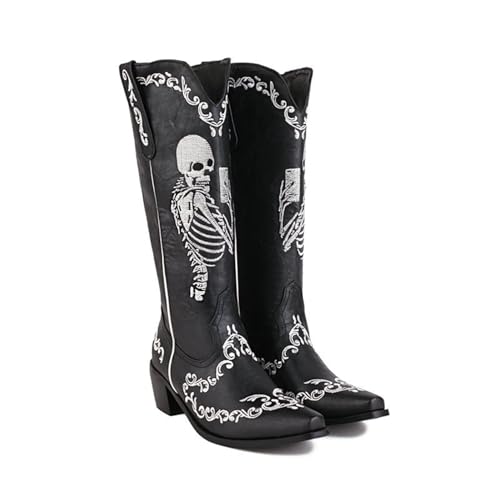Women Cowgirl Boots Skull Embroidery Cowboy Mid Calf Boots Western Chunky Block Heel Fashion Pull-On Knee High Boots