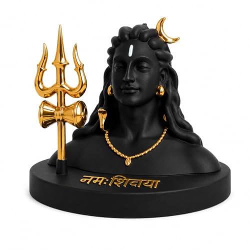 Image of Premium Lord Shiva Bust Idol with Trishul & Damru | Black and Golden Mahadev Statue for Home Decor, Office Desk, Temple & Spiritual Gift
