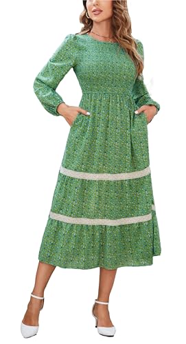 Kleid Damen Langarm Elegantkleid Blumen Winterkleid Maxikleid A Linie Party Kleider Lang Grün XL