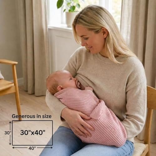 Image of 100% Organic Cotton Knit Receiving Baby Blanket for Newborns - Soft, Breathable Blanket for Crib & Stroller - Nursery Gift (Ivory and Blush)