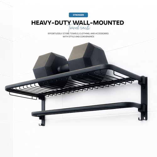 Image of Amazon Basics 24 Inch Foldable Aluminum Towel Rack for Bathroom | Wall Mounted Double Tier Towel Holder with Rod & Hooks | Rustproof