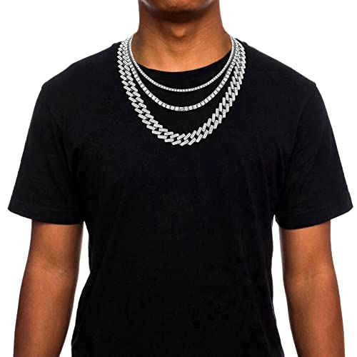 HH BLING EMPIRE Gold Silver Chain Necklace for Men Women Iced Out Diamond Tennis and Cuban Link Chain Necklaces Hip Hop Jewelry Sets 3Pc 18/20/24 Inch (Set D-Silver)