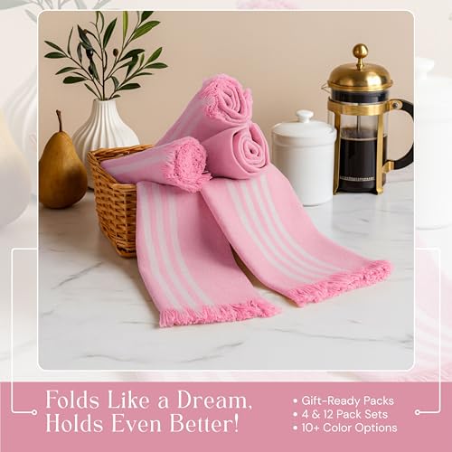 Image of Prewashed Stripe Tea Towels 4 Pack, 16x26 Inches, Dish Cloths for Cooking and Cleaning, Quick Dry Kitchen Rags, Reusable Hand Towels for Drying Dishes and Surfaces - Rose Pink