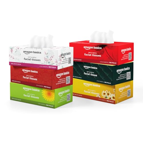 Amazon Basics 2 Ply Facial Tissue Box | 600 Sheets | 100 Sheets X Pack of 6 | Home | Soft & Highly Absorbent Tissues Amazon Basics 2 Ply Facial Tissue