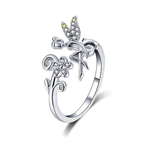 CZ Flower Fairy 925 Sterling Silver Ring for Women Girls Cute Yellow Clear Crystal Angel Wing Statement Adjustable Open Wrap Finger Rings Comfort Fit Dainty Birthday Christmas Wedding Jewelry Gift