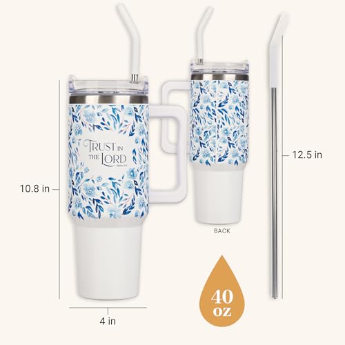 Image of Christian Art Gifts Extra Large Double Wall Stainless Steel Insulated Travel Tumbler for Women: Trust in the Lord Uplifting Scripture, Twist Dial Lid, Reusable Straw & Tip, White & Blue Floral, 40 oz