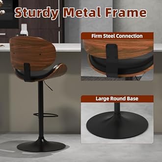 civama Bar Stools Set of 3 for Kitchen Counter, Adjustable Bar Height Chairs, Modern Swivel Barstools with Bentwood Seat and Back with Footrest, for Kitchen Island, Dining Room, Black PU Leather