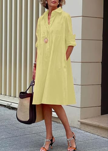 Image of chouyatou Women's Spring Summer Button-Down Shirt Dress Loose A-Line Midi Shift Tunic Dress