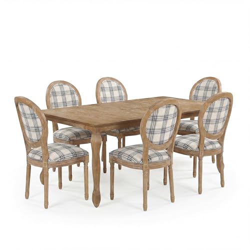 Image of Christopher Knight Home Bilas Extendable Dining Table Set for 6, Expandable Kitchen Table and Dining Chairs Set of 6, Rubberwood Dining Room Table Set for 6, Blue Plaid+Natural