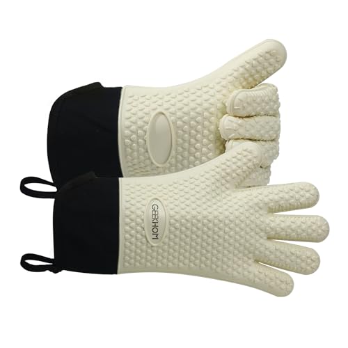 Image of GEEKHOM BBQ Gloves Heat Resistant Oven Mitts - Silicone Grilling Gloves with 14 inch Long Arm Protection - Waterproof Pot Holder Non-Slip for Men & Women, Kitchen Cooking, Baking, Camping, Beige