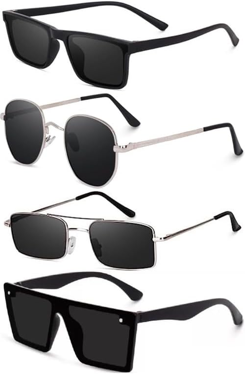 Sheomy Combo Pack of Black Sunglasses and Metal Analogue Quartz Black Dial Leather Strap Watch for Boys Mens Womens Girls Unisex Aviator and Rectangular Sunglasses Combo LV-9TSP-OG4B, Black, M