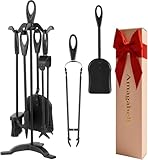 Amagabeli Garden Home 25.2"(64cm) 5 Pieces Fireside Companion Set Black Wrought Iron Fireplace Tools Sets Wood Burner Accessories Indoor Fire Pit Stand Tongs Shovel Brush Chimney Poker Wood Stove