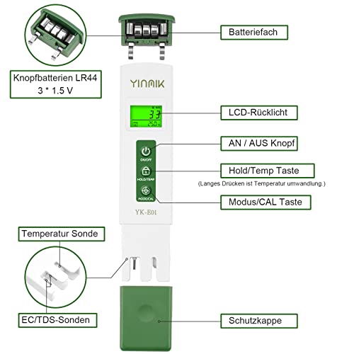 YINMIK Digitales pH Messgerät und TDS Tester Set, TDS EC mit Einem Horizontalen Bildschirm, ppm Messgerät Wasser, Pool pH wert Messgerät, TDS EC Messgerät für Trinkwasser,Aquarium…
