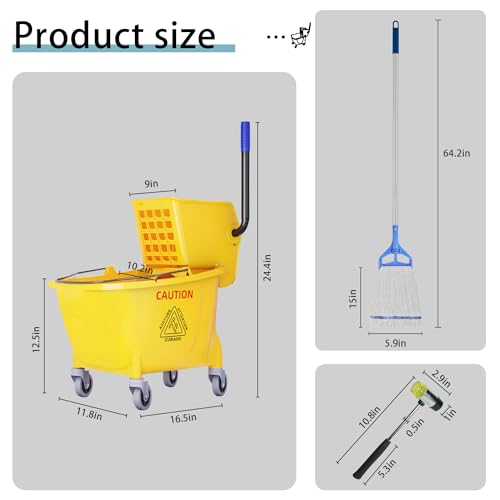 Image of Commercial Mop Bucket with Side Press Wringer on Wheels,Industrial Heavy Duty Mop ldeal for Household and Public Places Floor,35-Quart(Yellow)