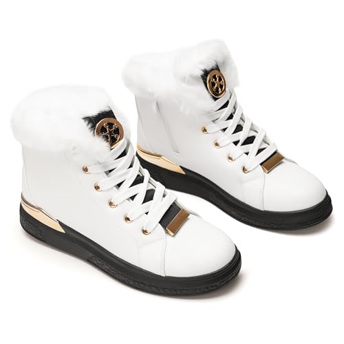 Botas cálidas de Invierno para Mujer: Zapatillas Antideslizantes con Forro de Piel sintética, Cremallera Interior, Impermeables, cómodas, con Cordones, para Caminar al Aire Libre.-Black White-38