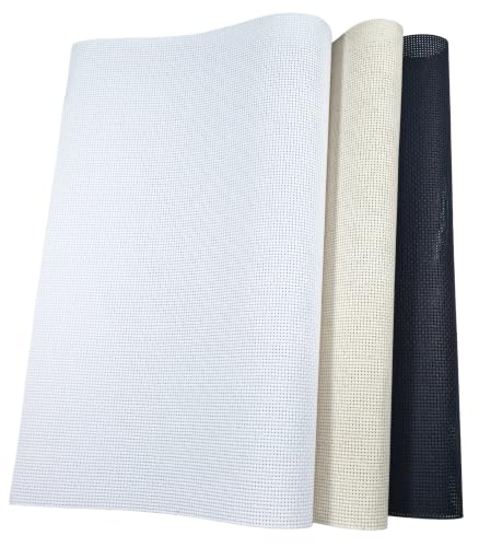 Image of KCS 3 pc of 15 inch x 18 inch(38cmx45cm) 11 Count Cross Stitch Cotton Aida Cloth Needlework Rolled Fabric Box,11CT,White+Oatmeal+Black