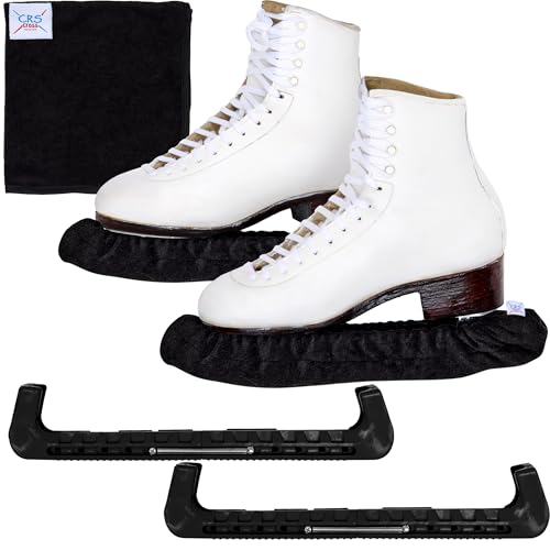 CRS Cross Skate Guards, Soakers & Towel Gift Set - Ice Skating Guards and Soft Skate Blade Covers for Figure Skating or Hockey (Biellmann Black, Large)