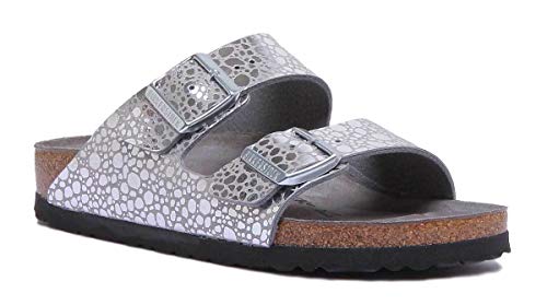 Image of Birkenstock Women's Heels Open Toe Sandals, Silver Metallic Stones Silver Gray Metallic Stones Silver Gray, 7.5 Narrow