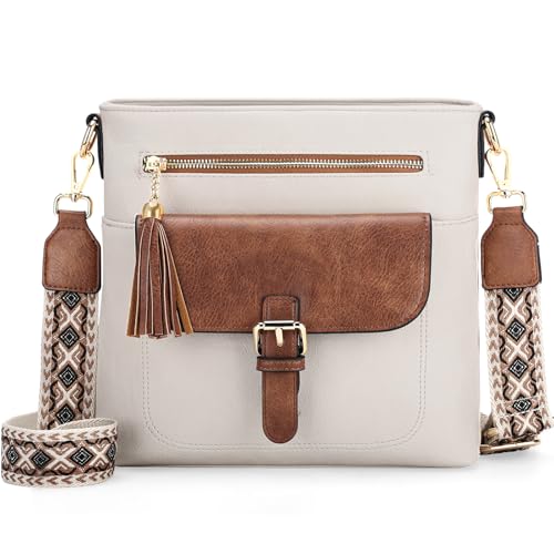 Kasgo Bolsos Bandolera Mujer, Bolso Bandolera Mediano de Cuero PU Bolso Cruzado de Moda Bolso Hombro Retro con 2 Correas Ajustable para Diario Trabajo Viaje Compras (Blanco y Marrón)