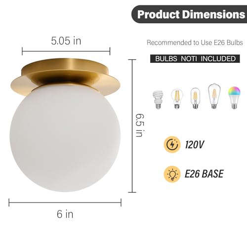 Image of Modern Gold Globe Wall Sconce，Single Light with Milk Glass Shade | 6 inch Minimalist Spherical Vanity Sconces,Contemporary Small Brass Ball Lights Fixture for Entryway Bedside Bathroom,E26 Base