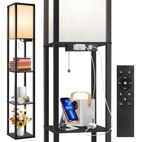 OUTONFloor Lamp with Shelves, Dimmable Shelf Floor Lamp with Remote, 1USB & 1 Type C Ports, 1 Power Outlet, Modern Standing Lamp with 4 Color Temperature for Living Room, Bedroom, Matte Black