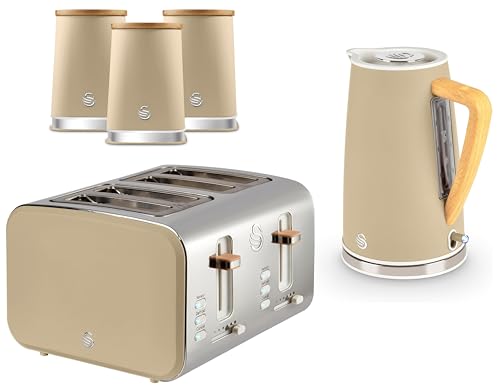 Swan Nordic Oatmeal Kettle, 4 Slice Toaster and Canisters. Scandinavian Inspired Design Minimalist Design Kitchen Set in Oatmeal Matt Finish, Stainless Steel Accents and Acacia Wood