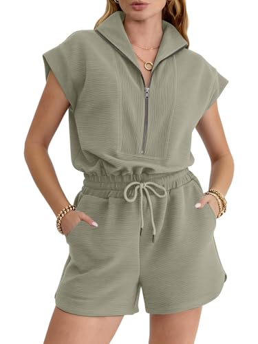 Image of Rompers for Women Summer Short Sleeve Half Zip Lapel Collar Jumpsuit Casual Drawstring One Piece Outfits with Pockets