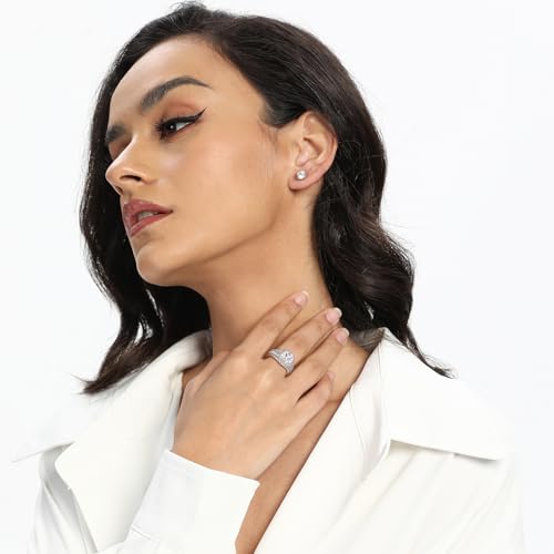 MDFUN Two-in-One Halo Engagement Rings Set for Women S925 Sterling Silver Faux Diamond Cubic Zirconia Wedding Promise Stackable Eternity Band Size 5-102